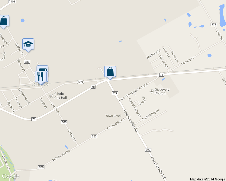 map of restaurants, bars, coffee shops, grocery stores, and more near 140 Haeckerville Road in Cibolo