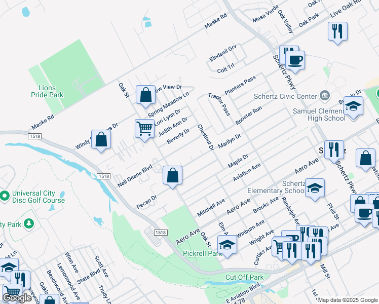 map of restaurants, bars, coffee shops, grocery stores, and more near 221 Linda Court in Schertz