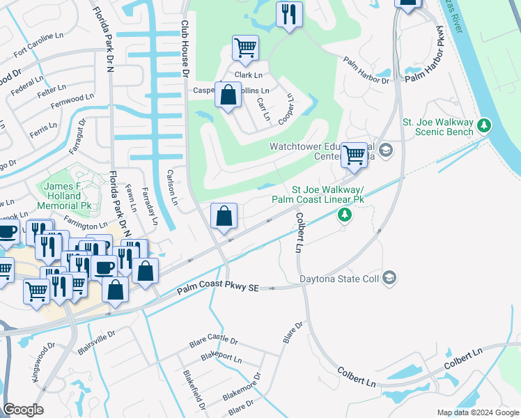 map of restaurants, bars, coffee shops, grocery stores, and more near 38 Lake Forest Place in Palm Coast