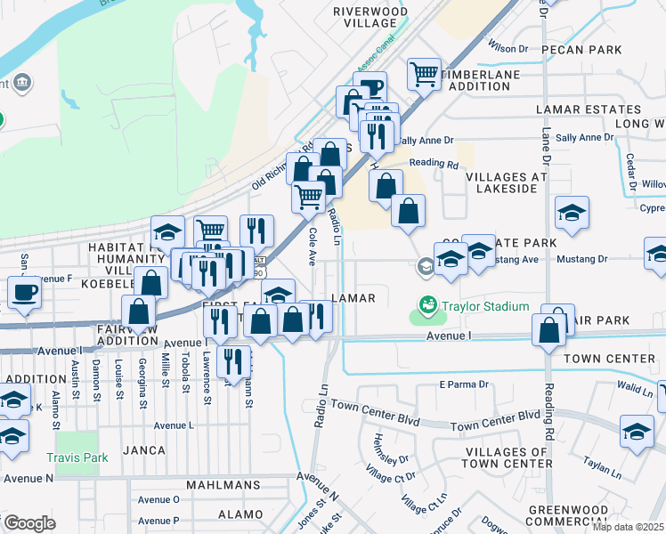 map of restaurants, bars, coffee shops, grocery stores, and more near 1102 Old Radio Lane in Rosenberg