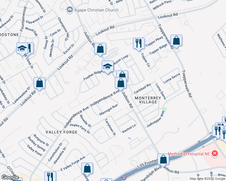 map of restaurants, bars, coffee shops, grocery stores, and more near 13129 Independence Avenue in San Antonio