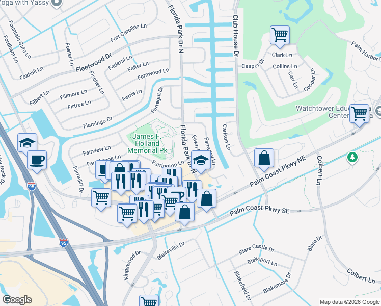 map of restaurants, bars, coffee shops, grocery stores, and more near 15 Florida Park Drive North in Palm Coast