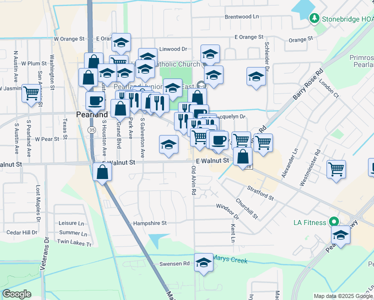 map of restaurants, bars, coffee shops, grocery stores, and more near 3510 Broadway Street in Pearland