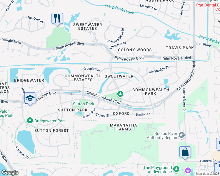 map of restaurants, bars, coffee shops, grocery stores, and more near 18 Dartmoor Court in Sugar Land