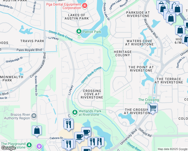 map of restaurants, bars, coffee shops, grocery stores, and more near 5619 Riverstone Crossing Drive in Sugar Land