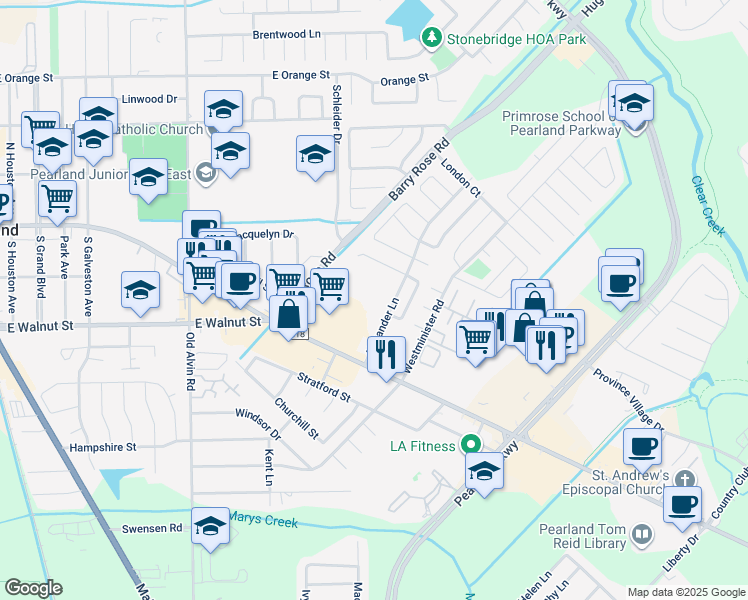map of restaurants, bars, coffee shops, grocery stores, and more near 2502 Alexander Lane in Pearland