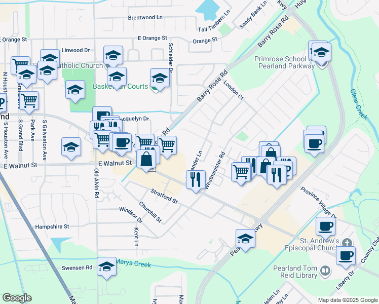 map of restaurants, bars, coffee shops, grocery stores, and more near 2542 Alexander Lane in Pearland