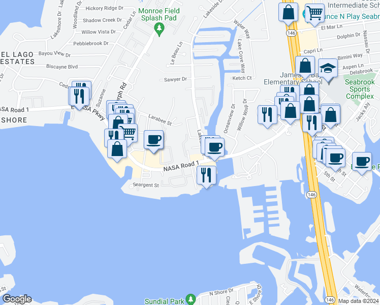 map of restaurants, bars, coffee shops, grocery stores, and more near 2622 East Nasa Parkway in Seabrook