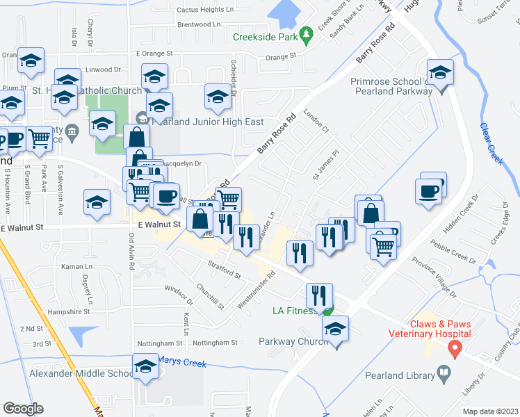 map of restaurants, bars, coffee shops, grocery stores, and more near 2542 Alexander Lane in Pearland