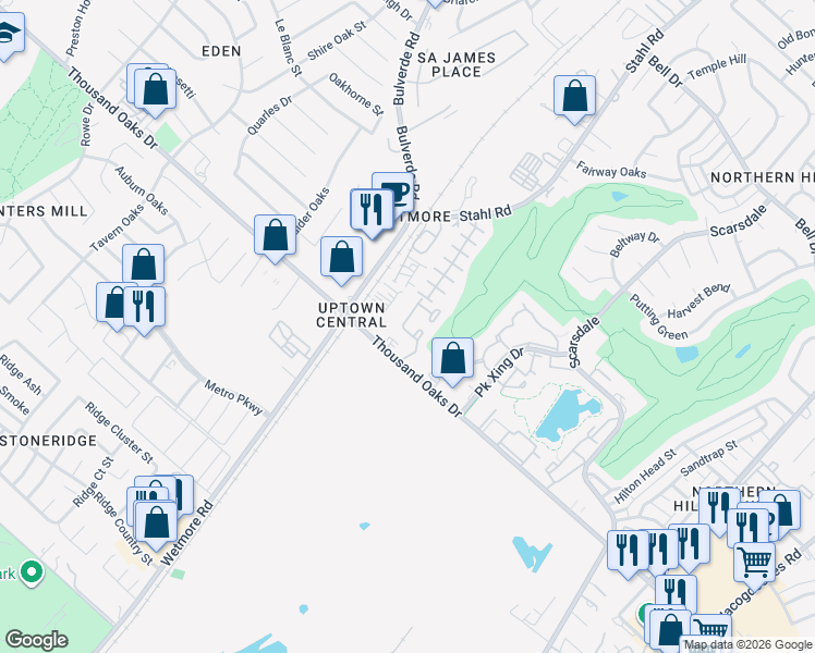 map of restaurants, bars, coffee shops, grocery stores, and more near 3935 Thousand Oaks Drive in San Antonio