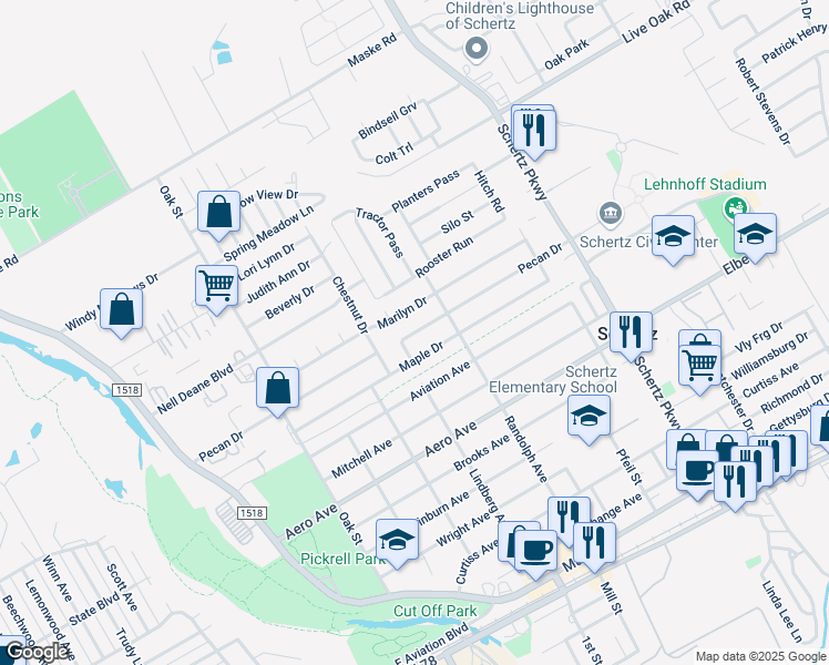 map of restaurants, bars, coffee shops, grocery stores, and more near 508 Pecan Drive in Schertz