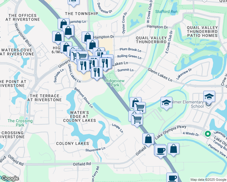 map of restaurants, bars, coffee shops, grocery stores, and more near 6502 Highway 6 in Missouri City