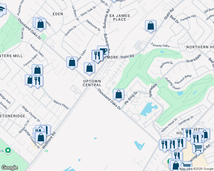 map of restaurants, bars, coffee shops, grocery stores, and more near 3935 Thousand Oaks Drive in San Antonio