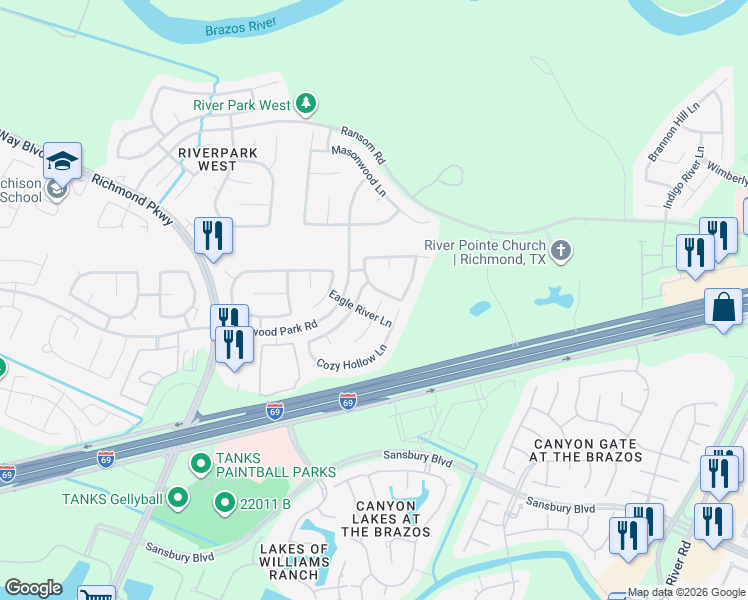 map of restaurants, bars, coffee shops, grocery stores, and more near 1831 Granite Field Lane in Richmond