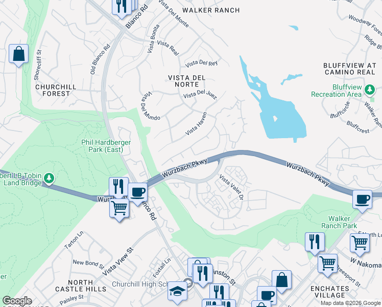 map of restaurants, bars, coffee shops, grocery stores, and more near 1111 Venado Vista Drive in San Antonio