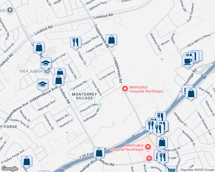 map of restaurants, bars, coffee shops, grocery stores, and more near 6742 Loma Vino in San Antonio