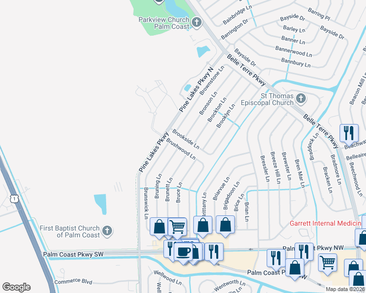 map of restaurants, bars, coffee shops, grocery stores, and more near 128 Brushwood Lane in Palm Coast