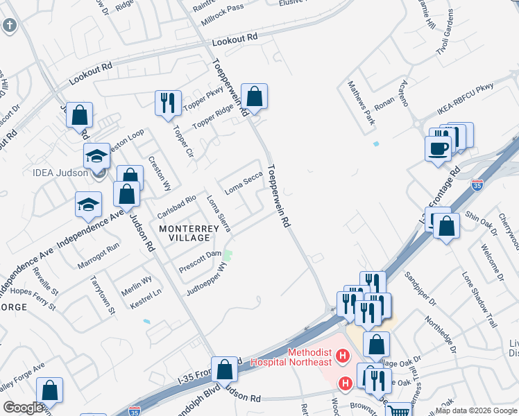 map of restaurants, bars, coffee shops, grocery stores, and more near 6742 Loma Vino in San Antonio