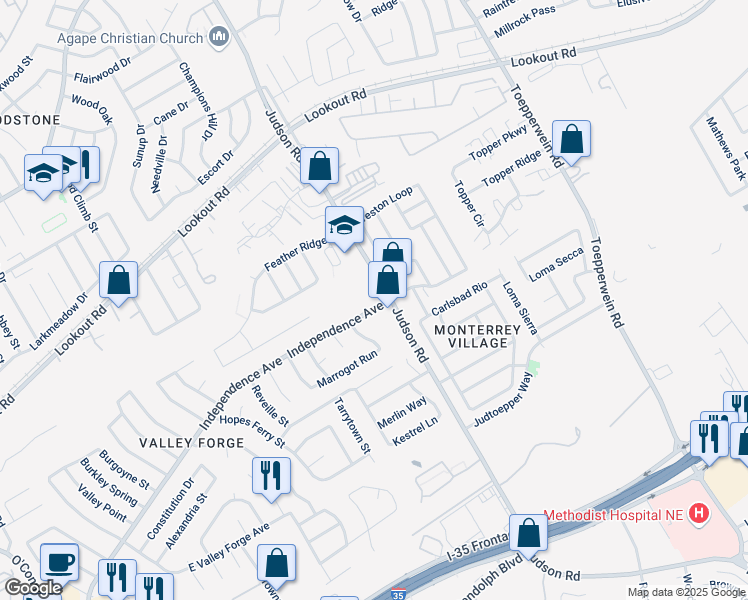 map of restaurants, bars, coffee shops, grocery stores, and more near 13129 Independence Avenue in San Antonio