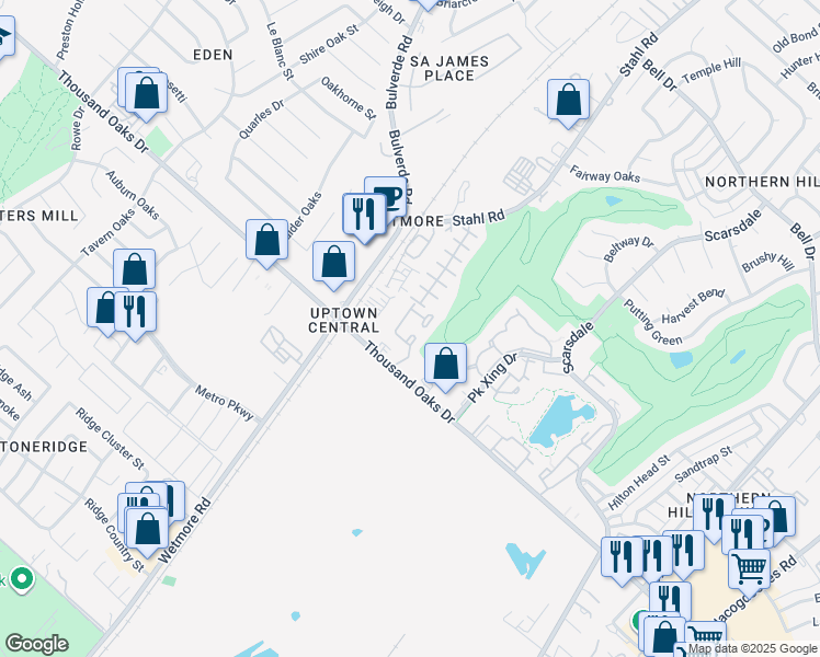 map of restaurants, bars, coffee shops, grocery stores, and more near 3935 Thousand Oaks Drive in San Antonio