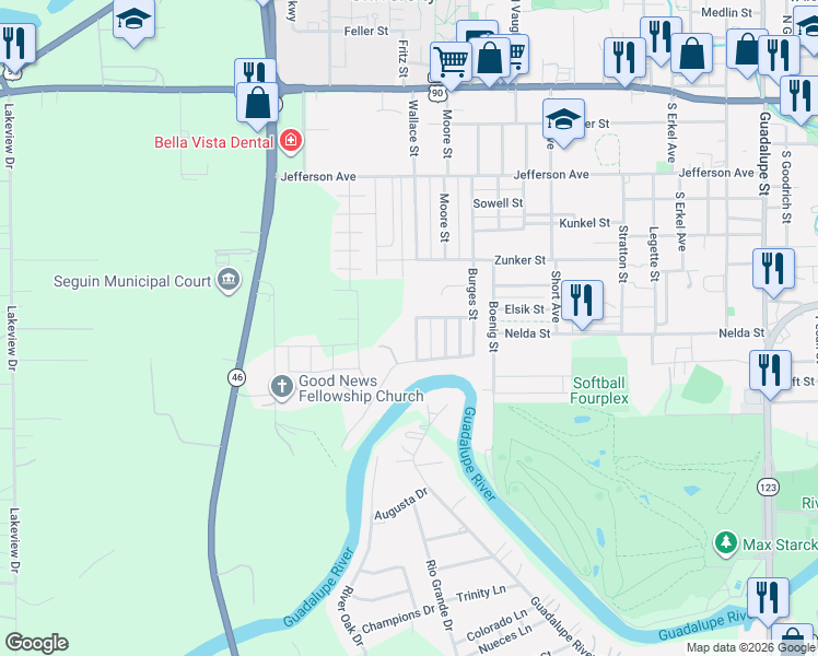 map of restaurants, bars, coffee shops, grocery stores, and more near 786 Renee Street in Seguin