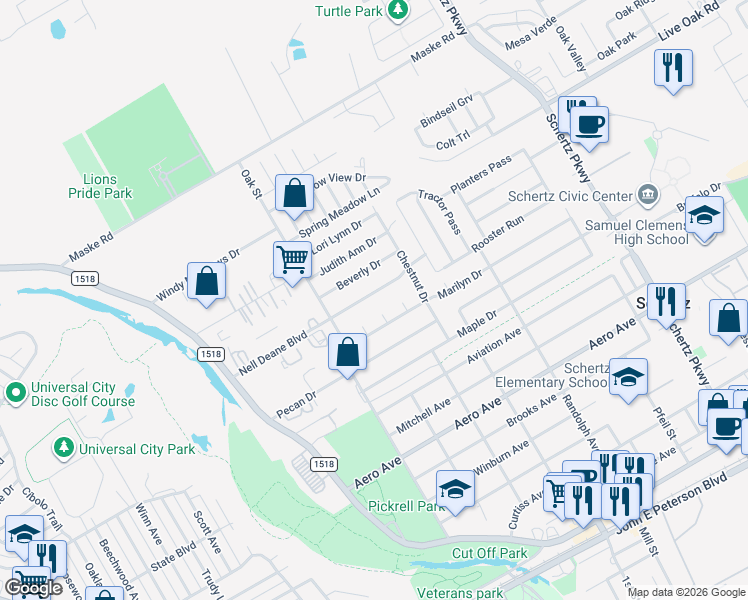 map of restaurants, bars, coffee shops, grocery stores, and more near 221 Linda Court in Schertz