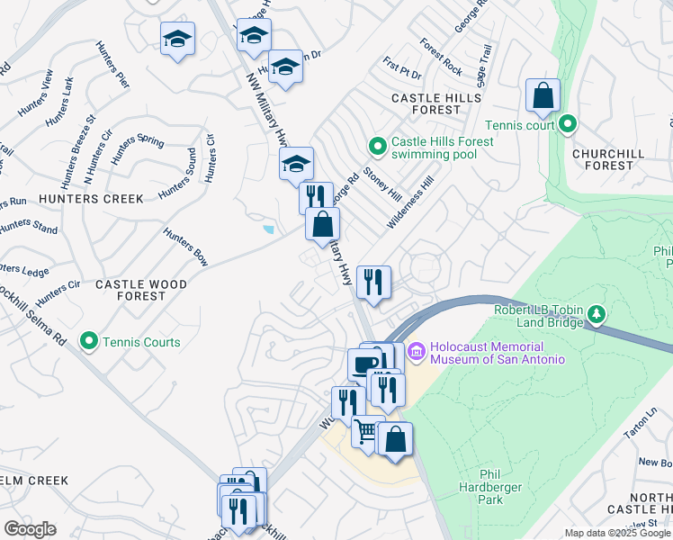 map of restaurants, bars, coffee shops, grocery stores, and more near 13121 Northwest Military Highway in San Antonio