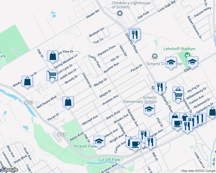 map of restaurants, bars, coffee shops, grocery stores, and more near 520 Pecan Drive in Schertz