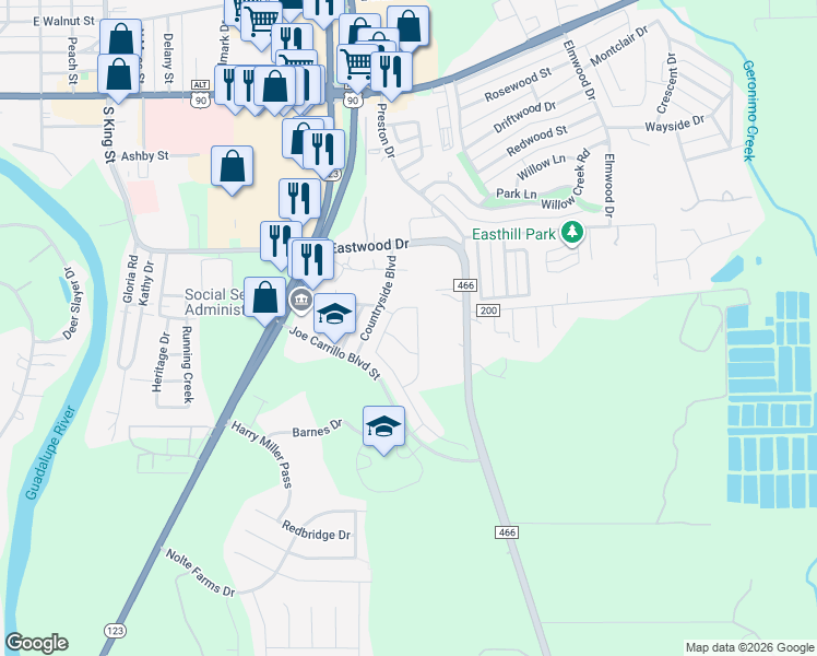 map of restaurants, bars, coffee shops, grocery stores, and more near 764 Farm to Market 466 in Seguin