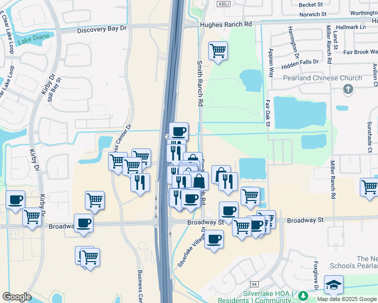 map of restaurants, bars, coffee shops, grocery stores, and more near 2526 Smith Ranch Road in Pearland