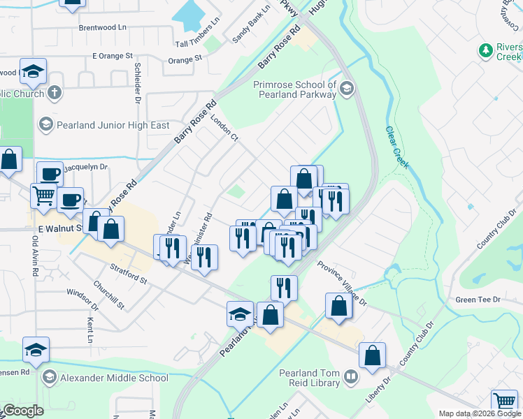 map of restaurants, bars, coffee shops, grocery stores, and more near 2922 Waterloo Road in Pearland