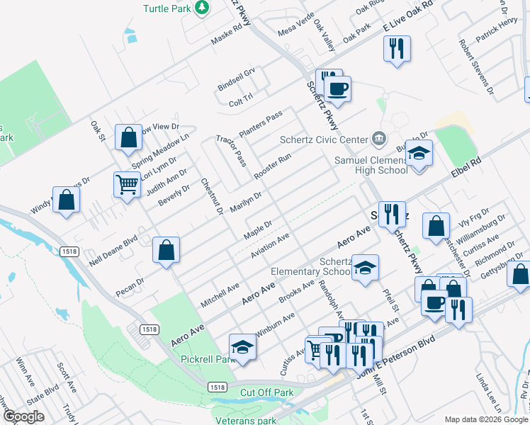 map of restaurants, bars, coffee shops, grocery stores, and more near 520 Pecan Drive in Schertz