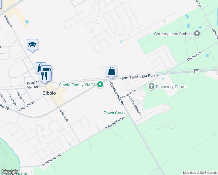 map of restaurants, bars, coffee shops, grocery stores, and more near 140 Haeckerville Road in Cibolo