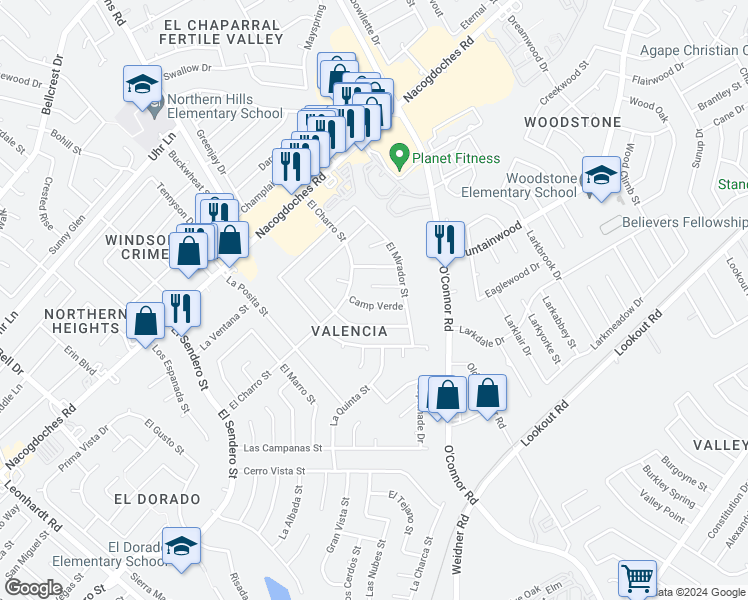 map of restaurants, bars, coffee shops, grocery stores, and more near 5119 Camp Verde in San Antonio