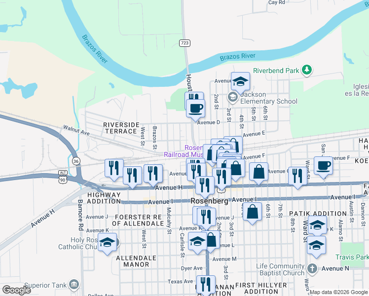 map of restaurants, bars, coffee shops, grocery stores, and more near 1408 Walnut Avenue in Rosenberg