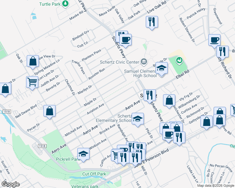 map of restaurants, bars, coffee shops, grocery stores, and more near 705 Mitchell Avenue in Schertz