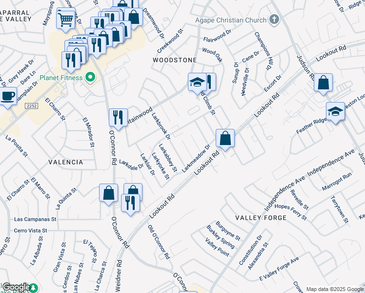 map of restaurants, bars, coffee shops, grocery stores, and more near 13211 Larkwalk Street in San Antonio