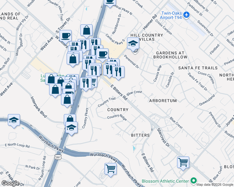 map of restaurants, bars, coffee shops, grocery stores, and more near 1202 Country Path in San Antonio