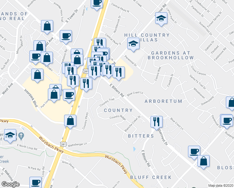 map of restaurants, bars, coffee shops, grocery stores, and more near 1202 Country Path in San Antonio