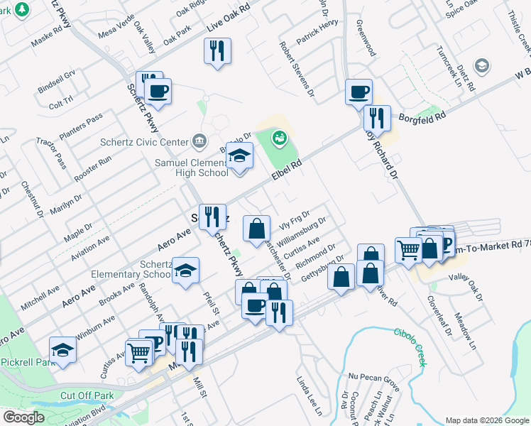 map of restaurants, bars, coffee shops, grocery stores, and more near 1013 Valley Forge in Schertz