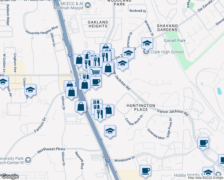 map of restaurants, bars, coffee shops, grocery stores, and more near 12631 Vance Jackson Road in San Antonio