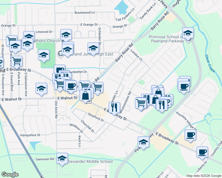 map of restaurants, bars, coffee shops, grocery stores, and more near 2502 Alexander Lane in Pearland
