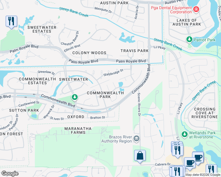 map of restaurants, bars, coffee shops, grocery stores, and more near 18 Thetford Street in Sugar Land