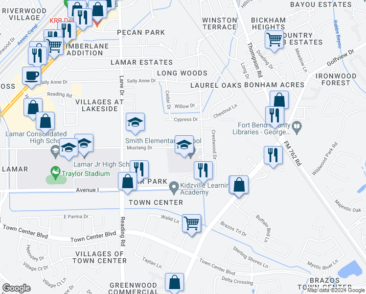 map of restaurants, bars, coffee shops, grocery stores, and more near 1800 Mustang Drive in Richmond