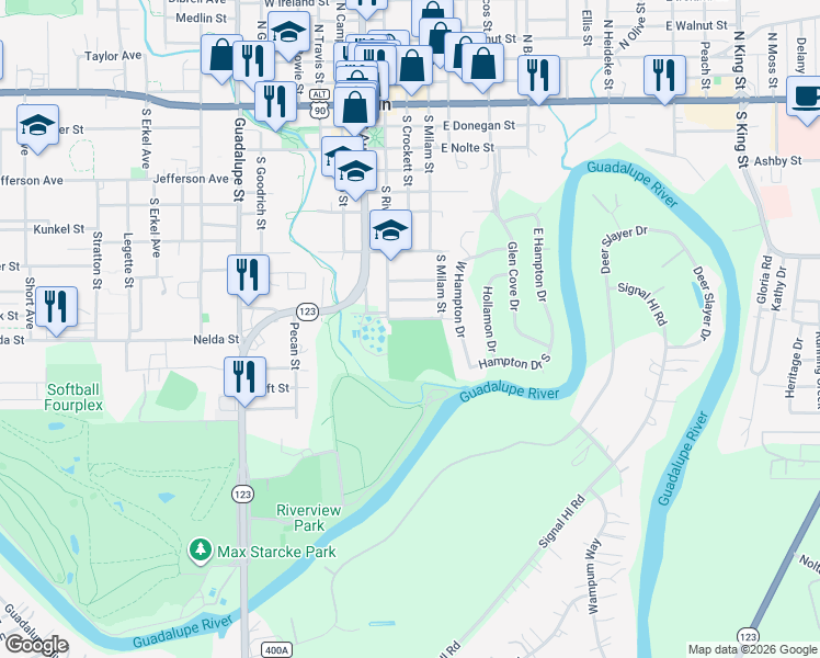 map of restaurants, bars, coffee shops, grocery stores, and more near in Seguin