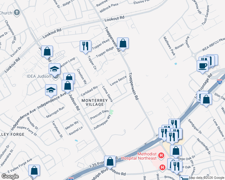map of restaurants, bars, coffee shops, grocery stores, and more near 6715 Loma Secca in San Antonio
