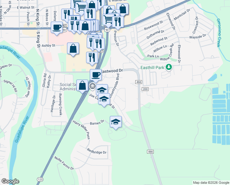 map of restaurants, bars, coffee shops, grocery stores, and more near 980 Topaz Avenue in Seguin