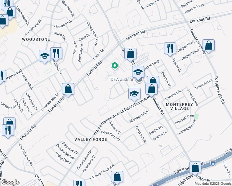 map of restaurants, bars, coffee shops, grocery stores, and more near 6119 Feather Nest Lane in San Antonio