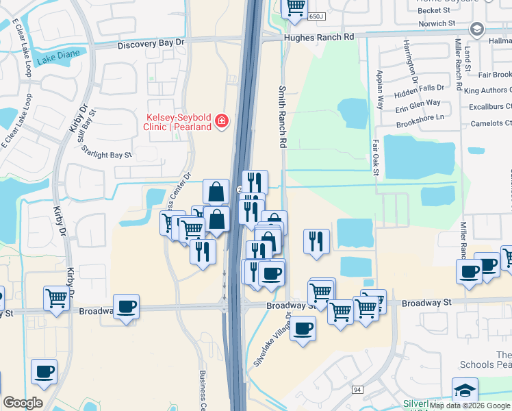 map of restaurants, bars, coffee shops, grocery stores, and more near 2510 Smith Ranch Road in Pearland