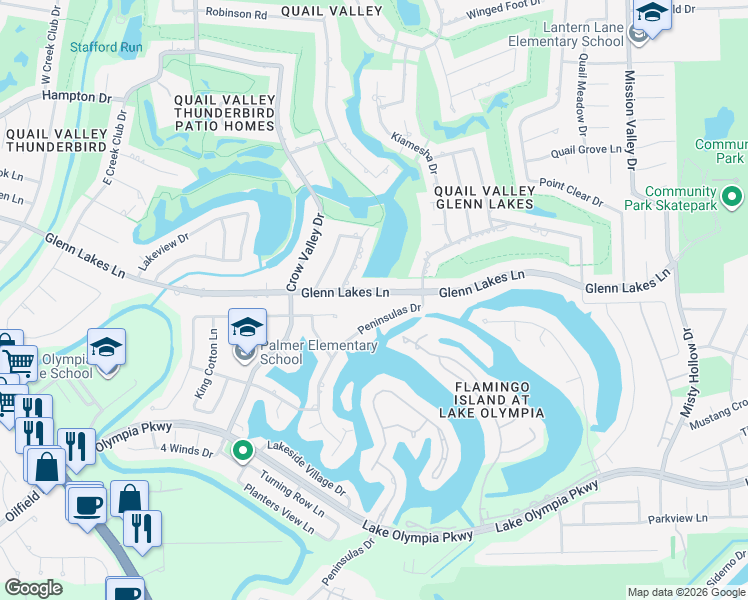 map of restaurants, bars, coffee shops, grocery stores, and more near 2515 Glenn Lakes Lane in Missouri City